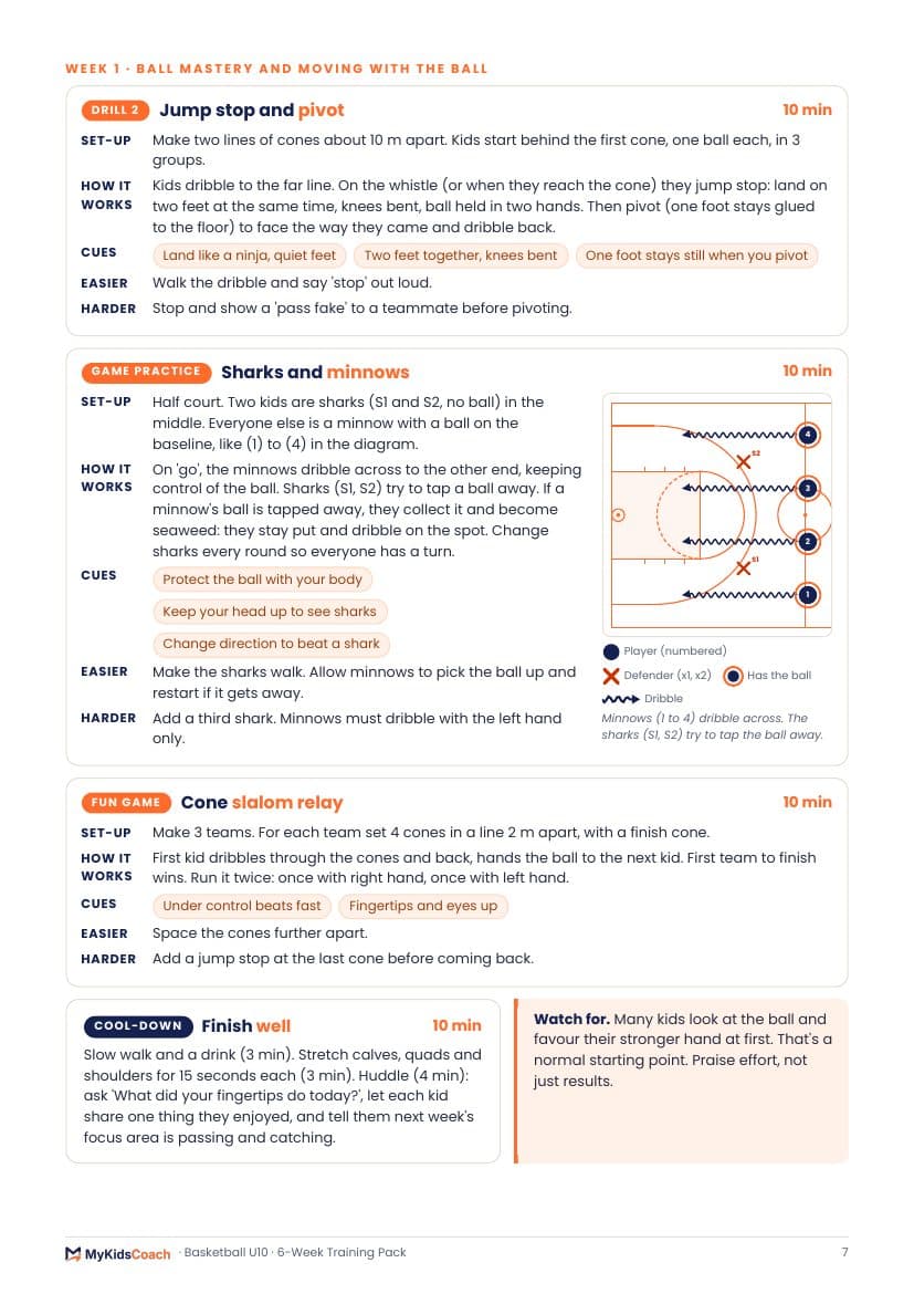Sample training session page with court diagrams
