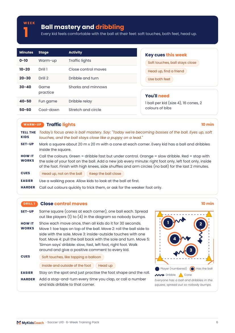 Sample training session page with pitch diagrams
